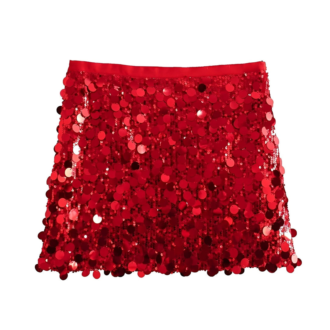 Saia curta de lantejoulas para mulher, estilo festa, ideal para um look casual elegante e moderno.