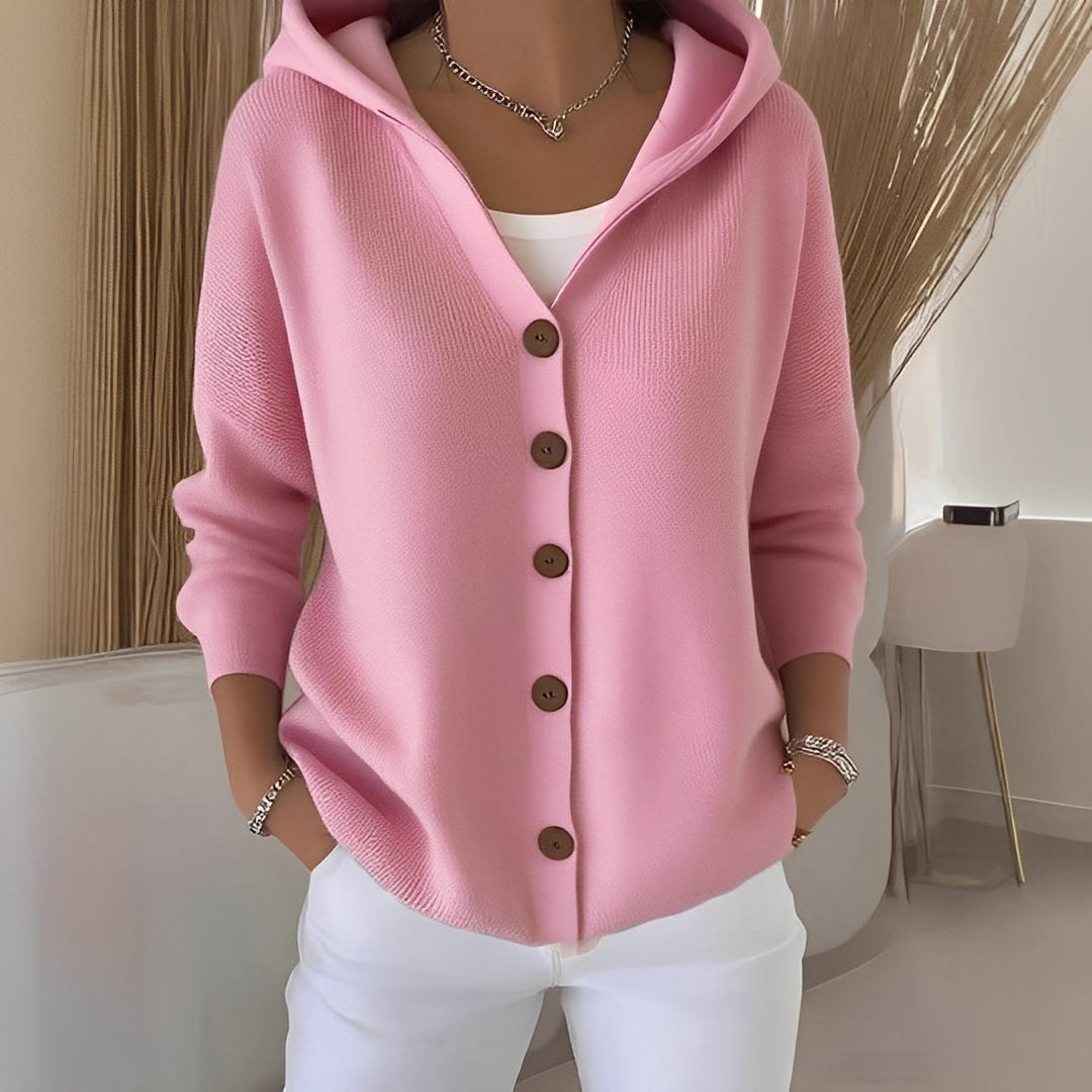 Cardigan feminino confortável com capuz e manga longa, perfeito para outono/inverno.