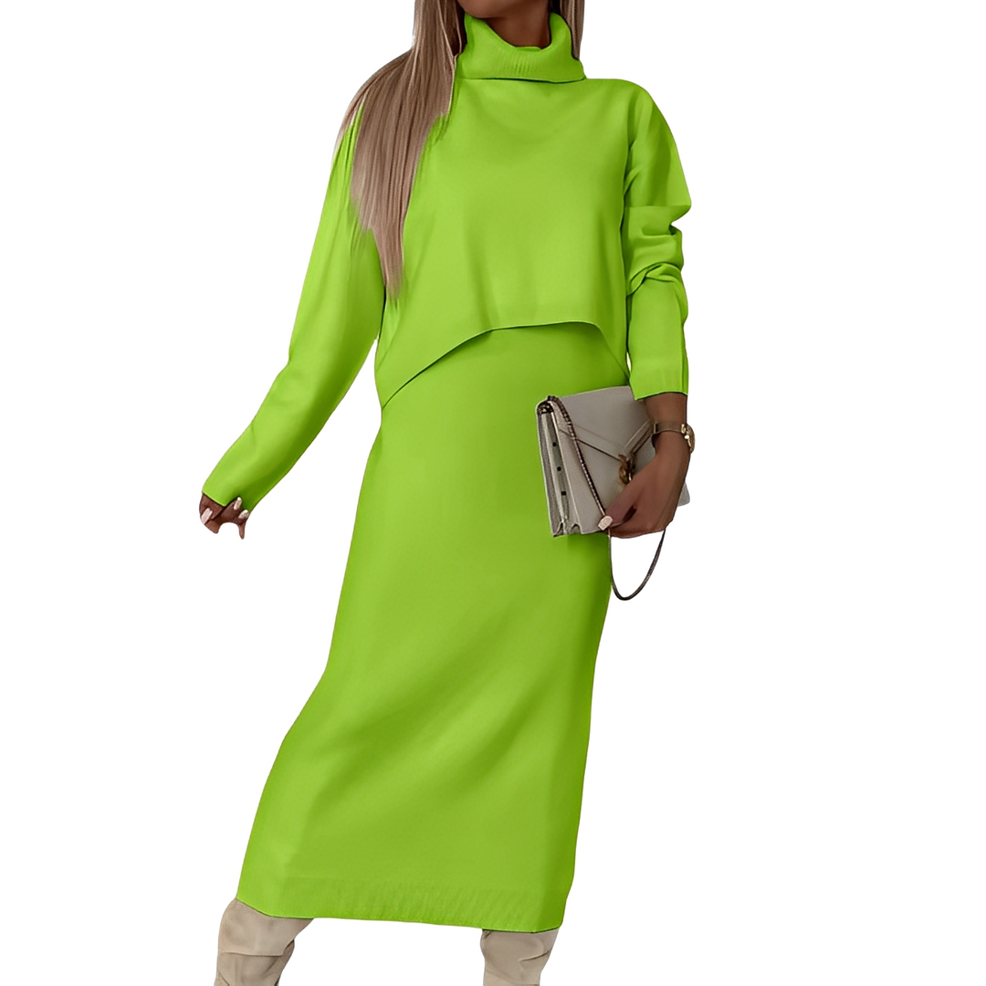 Look escritório feminino: Conjunto suéter gola alta e saia elegante, ideal para um estilo profissional e confortável.