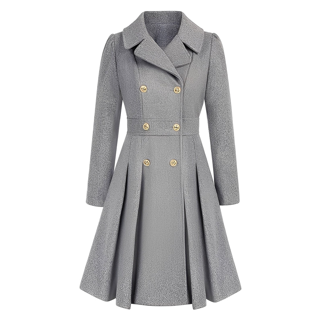 Roupa exterior feminina clássica: trench-coat ajustado com abotoamento duplo, elegante.