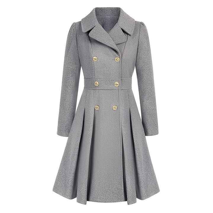 Roupa exterior feminina clássica: trench-coat ajustado com abotoamento duplo, elegante.