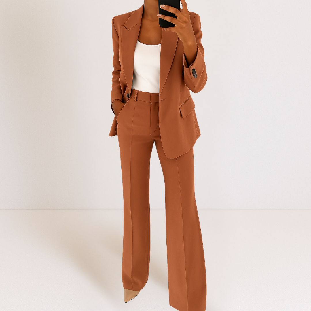 Conjunto social feminino sofisticado de duas peças, terno elegante para quem busca estilo atemporal.