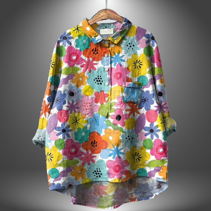 Camisa floral feminina, estilo artesanal e único. Cores vibrantes para primavera, roupa casual e moderna.