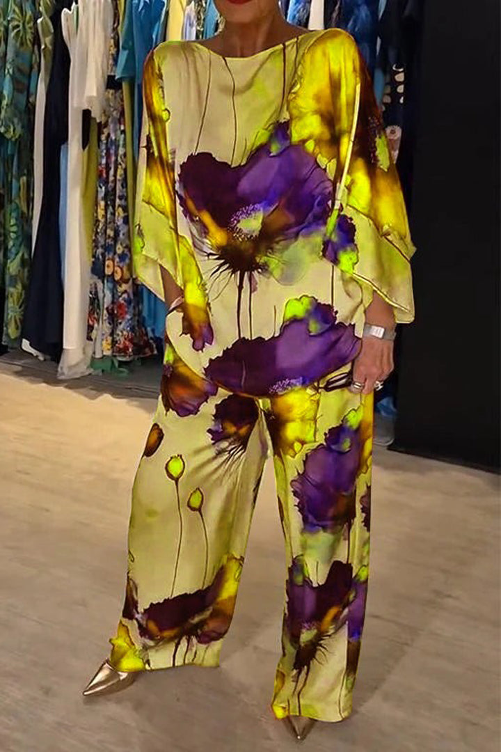 Elegante conjunto feminino Patricia. Estampado vibrante, duas peças para casual chic de verão.