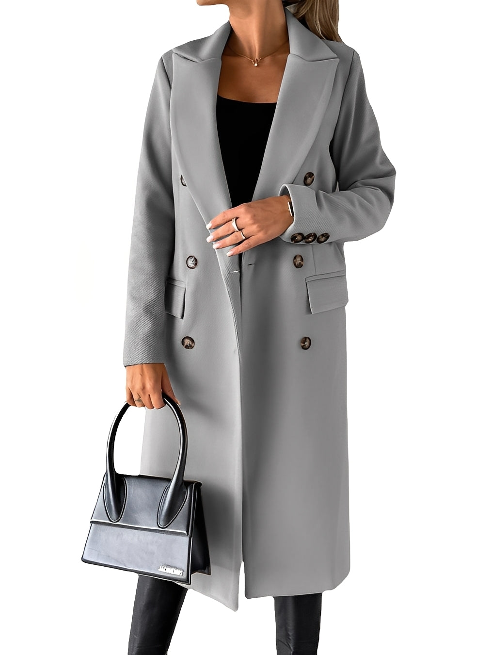 Trench coat feminino elegante, casaco clássico para moda outono/inverno, vestuário formal de conforto.