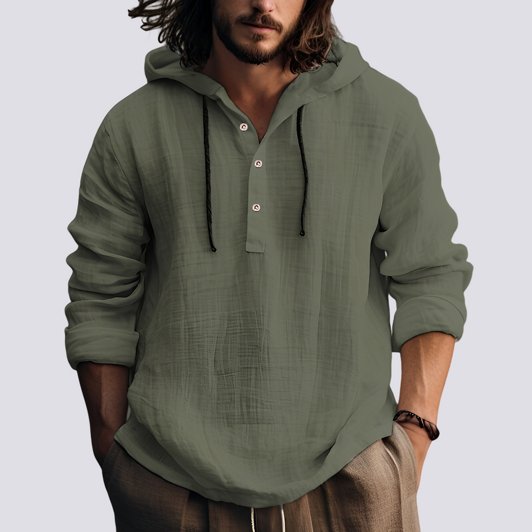 Homem usando moletom masculino com capuz, perfeito para lazer e moda outwear moderna.