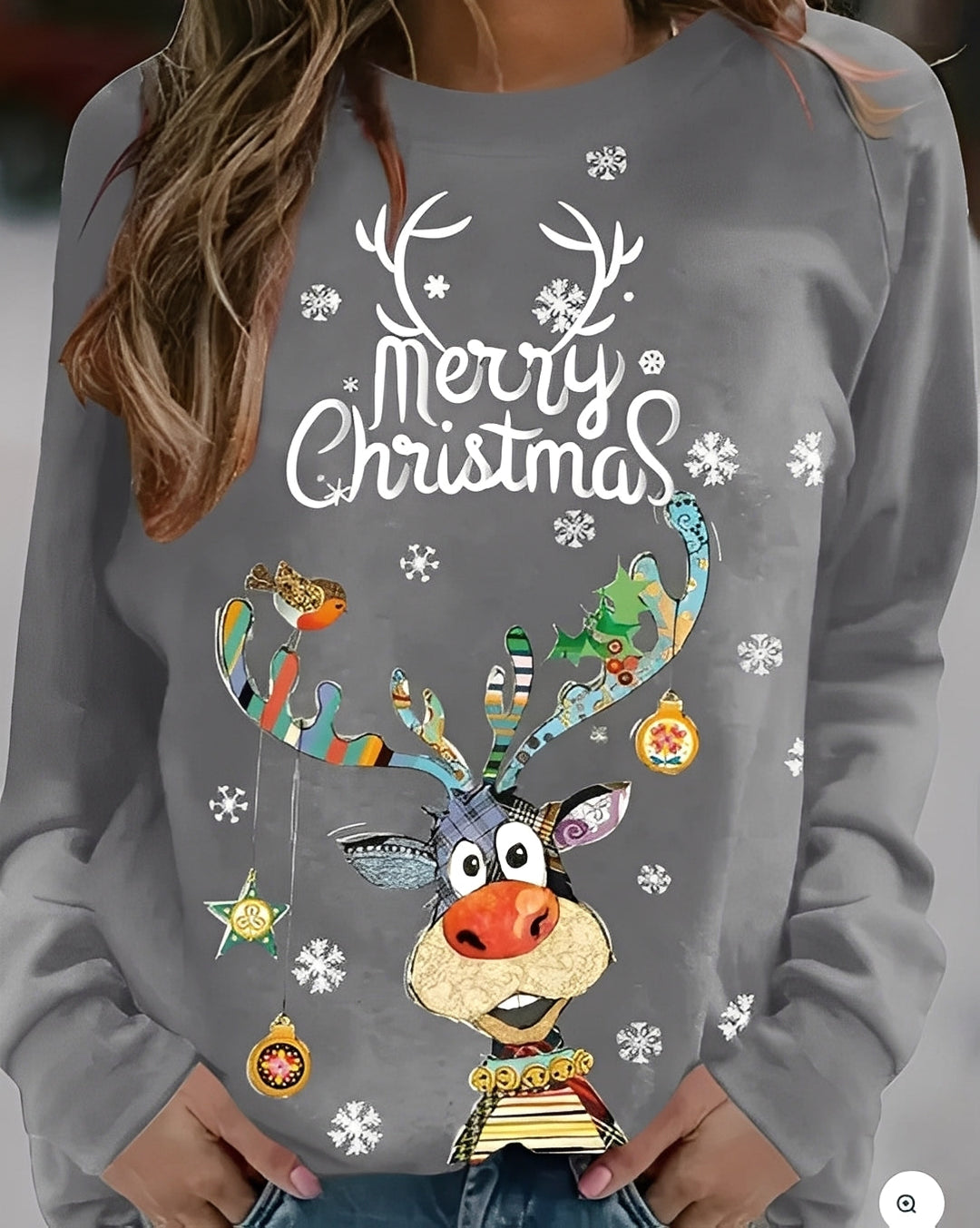 Suéter feminino festivo de Natal, gola redonda, com estampa grande de rena, perfeito para o inverno.