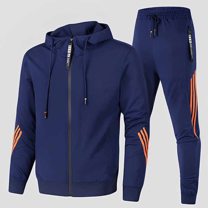 Homem usando conjunto esportivo masculino, ideal para treinos intensos. Roupa de lazer confortável.