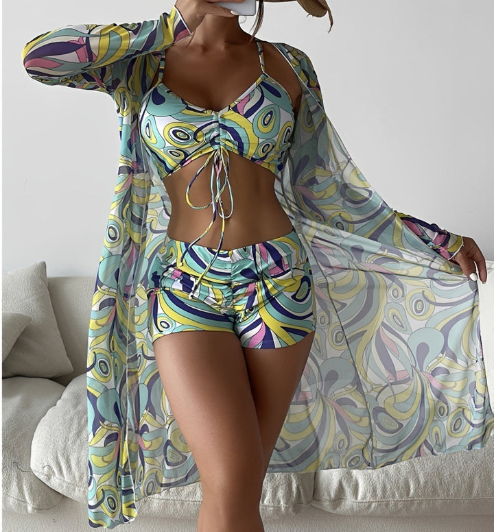 Roupa de banho feminina 3 peças, tendência moda verão. Conjunto praia versátil para férias, estilo vibrante.