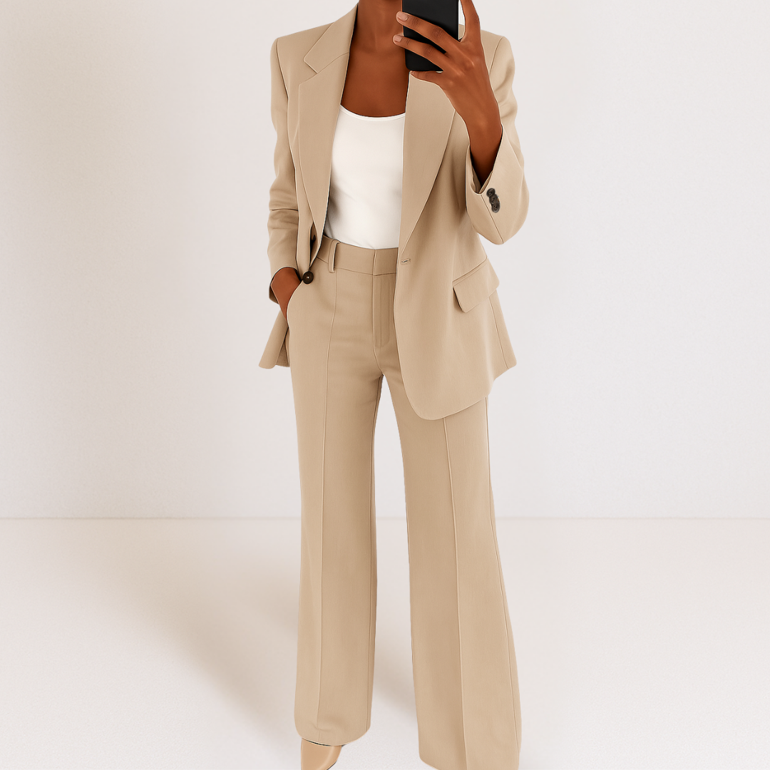 Vestuário feminino de duas peças, terno elegante para executivas, moda social com estilo.