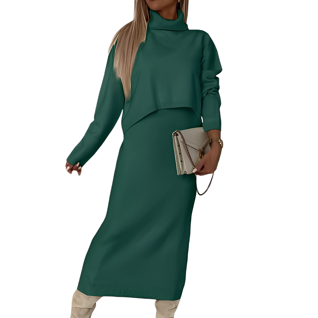 Conjunto de moda feminina para inverno: Suéter gola alta e saia com caimento elegante, versátil para várias ocasiões.