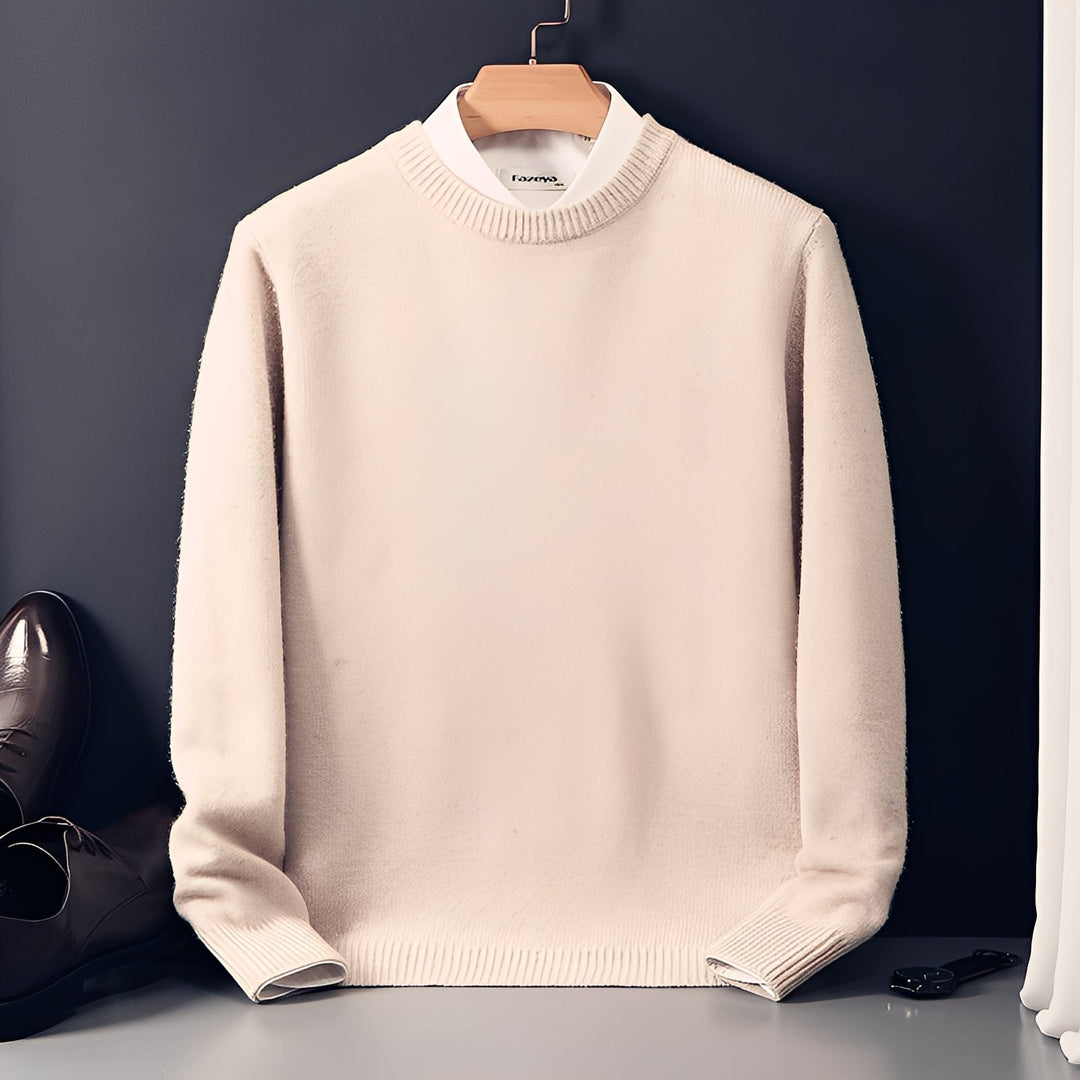 Pulôver masculino moderno em tricô, gola redonda. Ideal para outono/inverno, casual ou escritório.