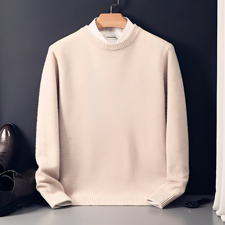 Pulôver masculino moderno em tricô, gola redonda. Ideal para outono/inverno, casual ou escritório.
