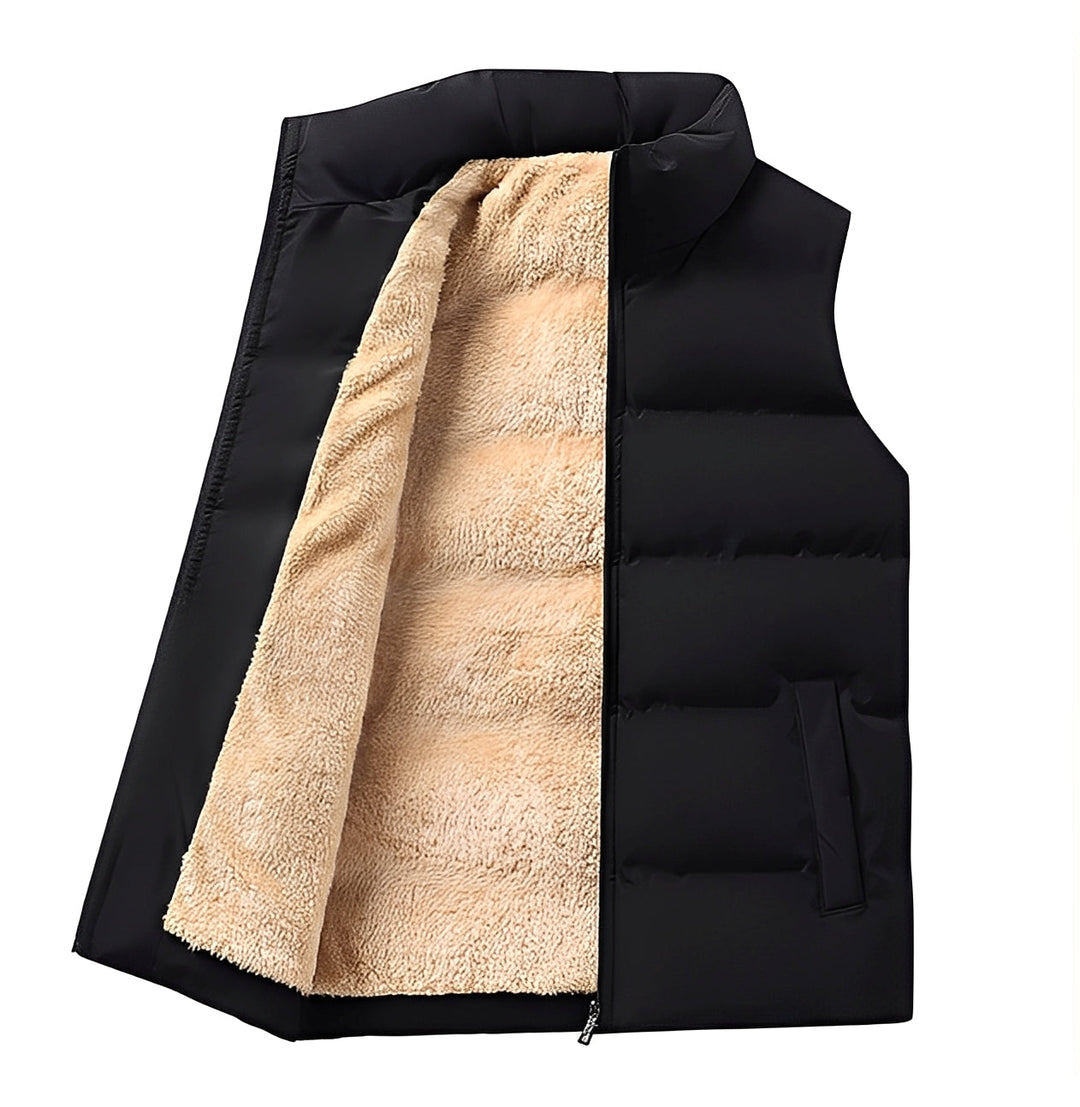 Colete masculino de penas para inverno, agasalho quente e leve. Peça de vestuário casual sem manga, ideal para homem.