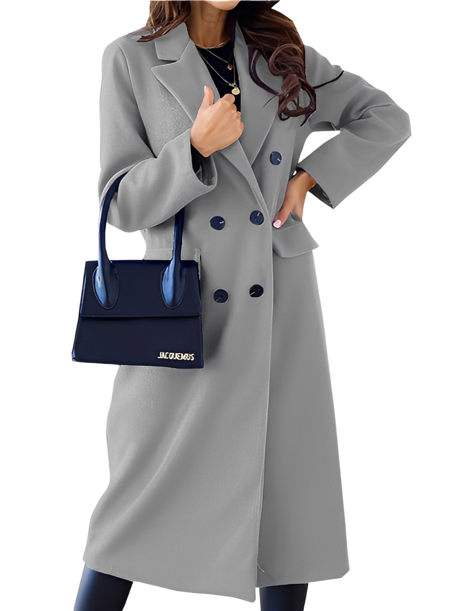 Casaco feminino de inverno com design duplo elegante, ideal para enfrentar o frio com moda e estilo.