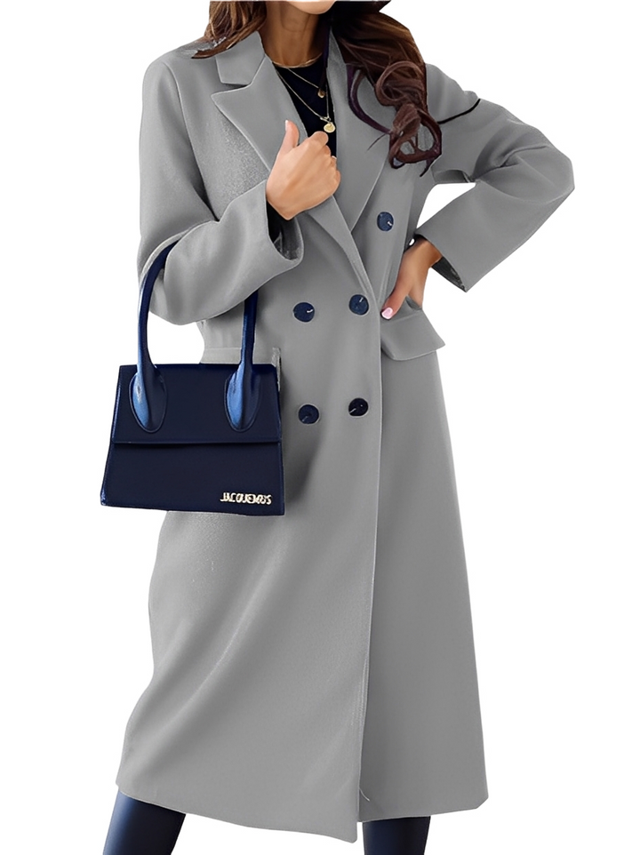 Casaco feminino de inverno com design duplo elegante, ideal para enfrentar o frio com moda e estilo.