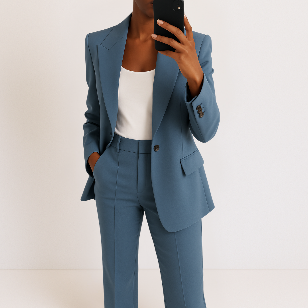 Terno feminino elegante de duas peças, ideal para escritório ou eventos sociais, moda feminina.
