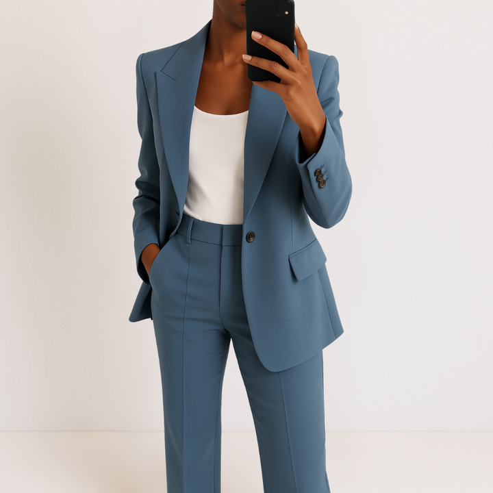 Terno feminino elegante de duas peças, ideal para escritório ou eventos sociais, moda feminina.