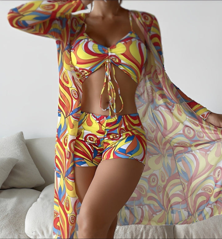 Maiô feminino 3 peças para verão, estilo praia. Roupa de banho versátil com cores vibrantes, tendência moda praia.