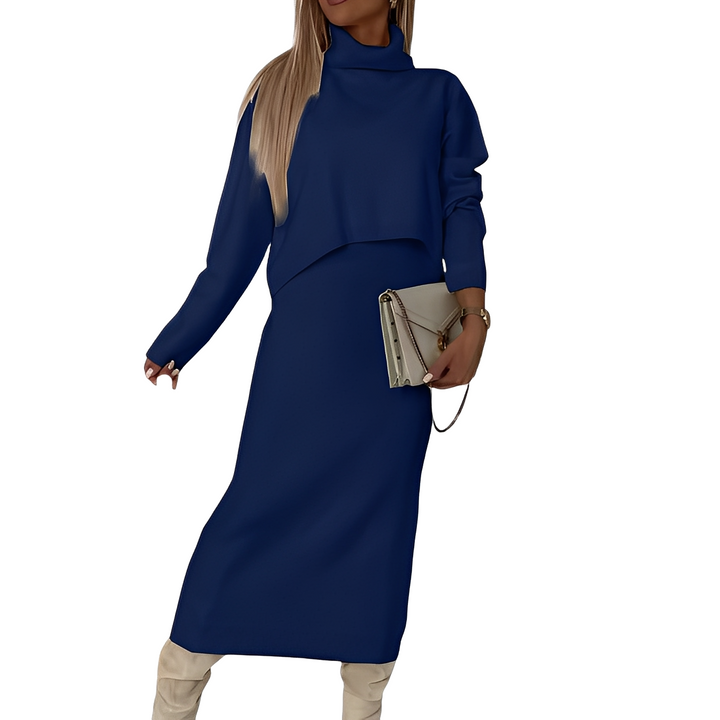 Conjunto feminino de outono/inverno: Suéter gola alta e saia, combinando conforto e elegância para a mulher moderna.