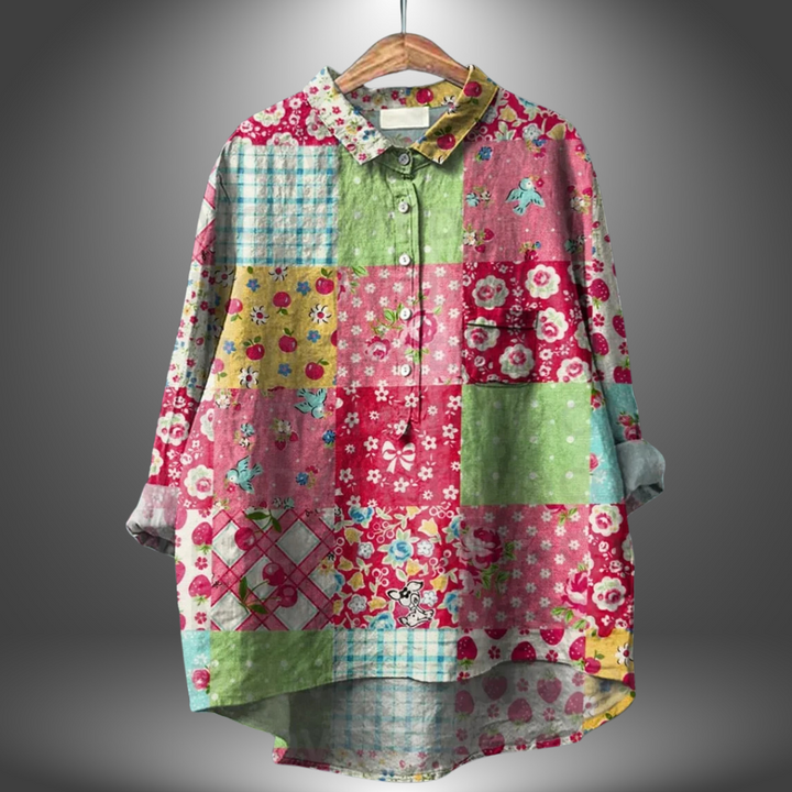 Camisa feminina floral artesanal elegante. Design vibrante e único, perfeito para moda casual de primavera.