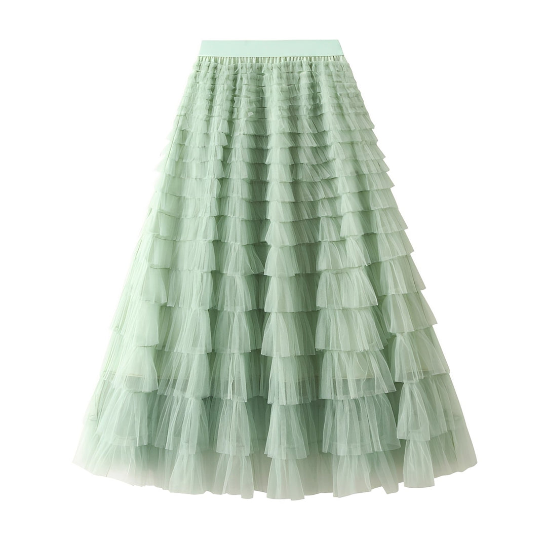 Detalhe da saia feminina em linha A com babados delicados, adicionando charme e movimento ao seu look de verão.