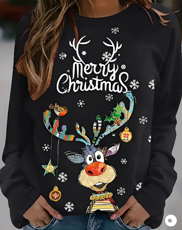 Suéter feminino de natal aconchegante com estampa de rena, oferece conforto e estilo para festas de inverno.