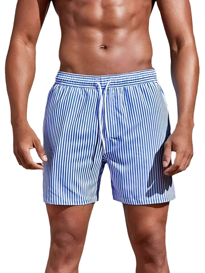 Shorts de natação masculino listrado, secagem rápida, essencial para o conforto na praia e piscina de verão.