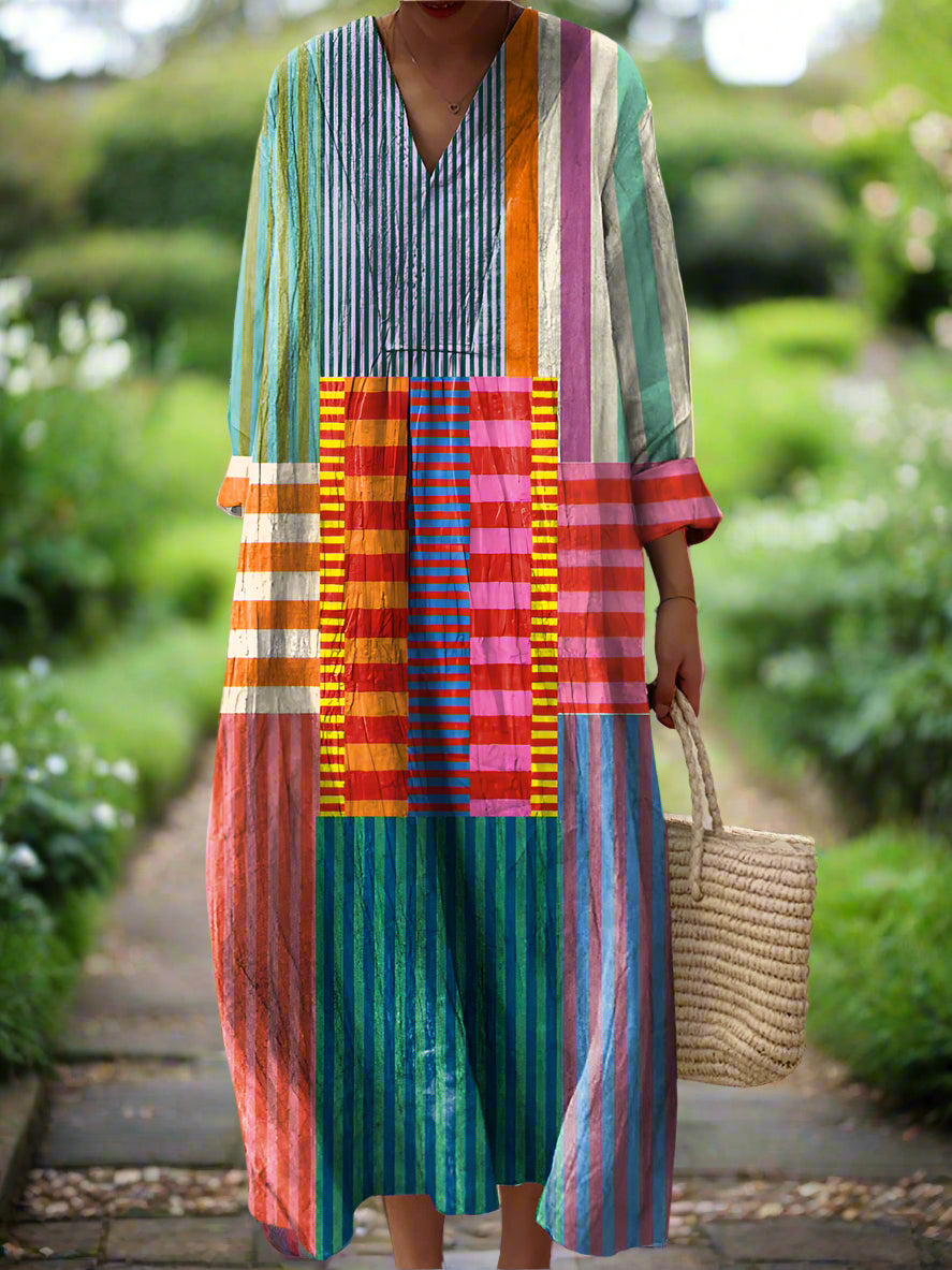 Vestido feminino elegante com estampa geométrica colorida. Perfeito para moda feminina moderna e confortável.