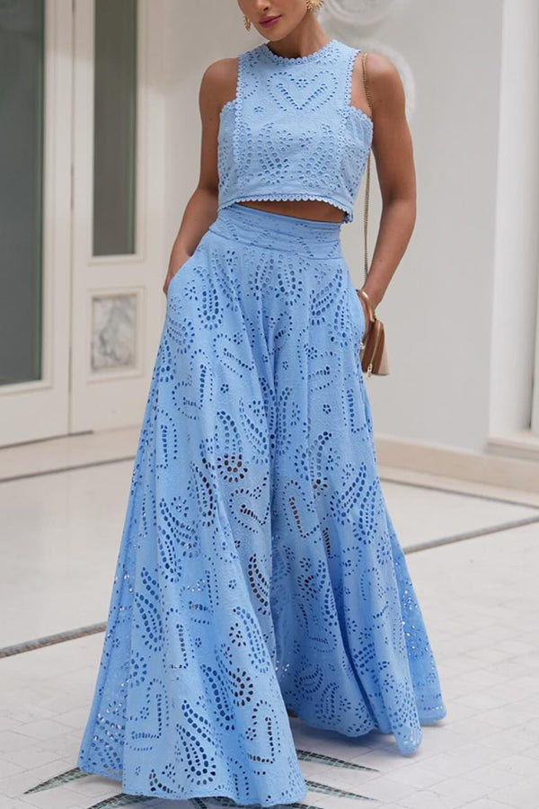 Conjunto feminino elegante: saia midi cintura alta e top bordado. Perfeito para verão.
