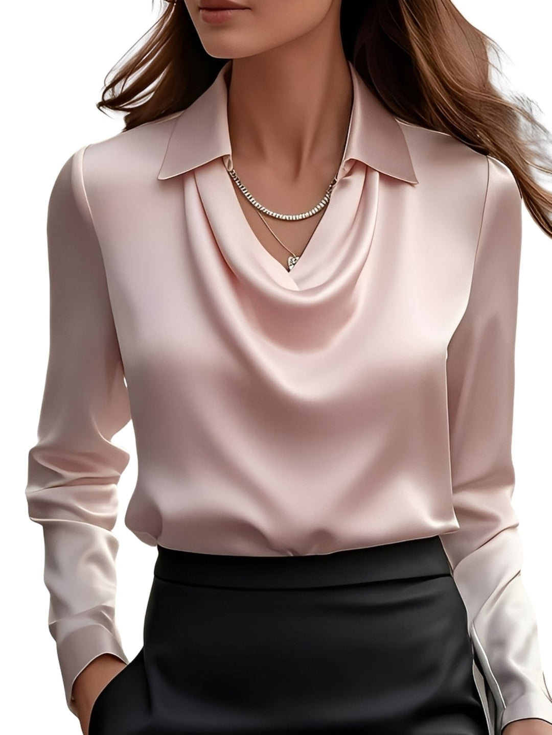 Blusa feminina rosa de manga comprida, elegante e versátil. Ideal para looks de escritório, casual, outono/inverno.