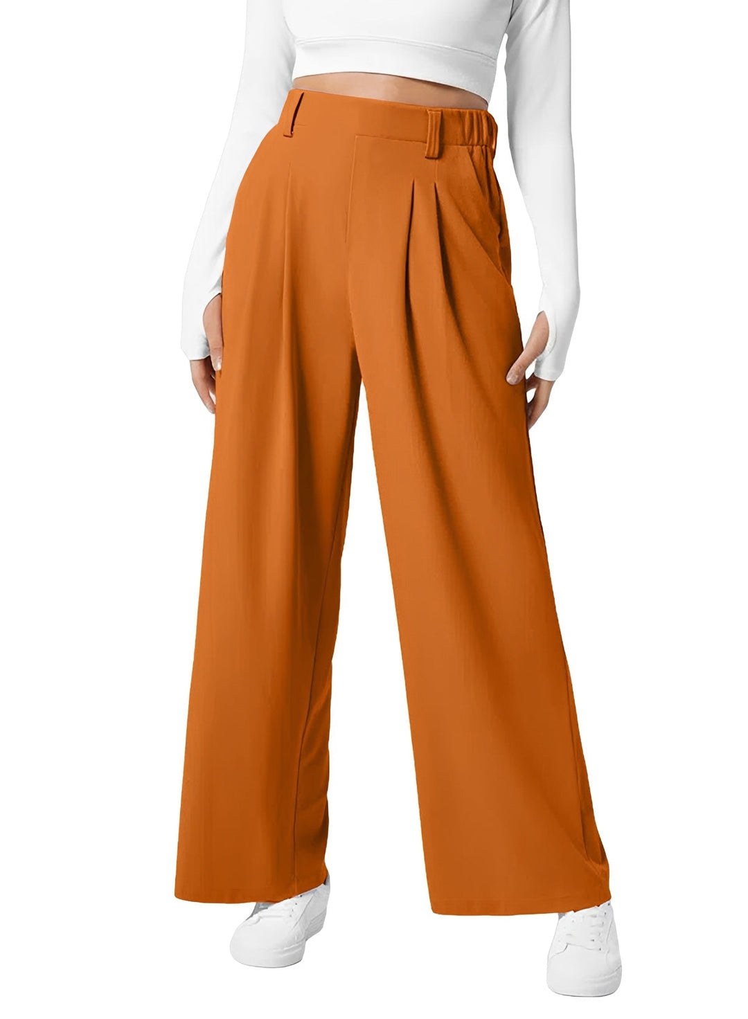 Moda feminina: Calças perna larga cintura alta, elásticas. Versátil para looks casuais ou de escritório. Conforto na primavera/verão.