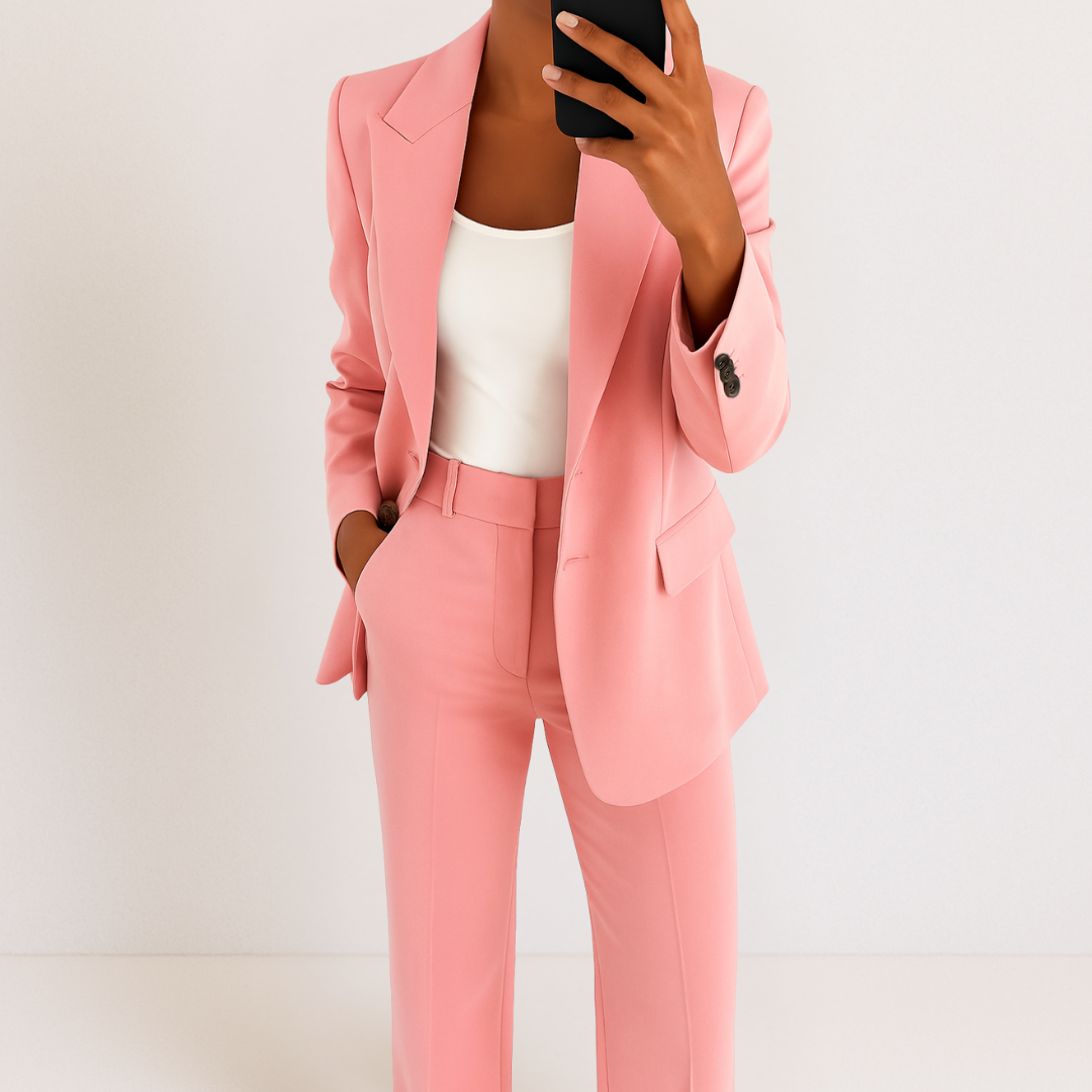 Moda feminina: terno elegante de duas peças, perfeito para o escritório ou um look casual chic moderno.