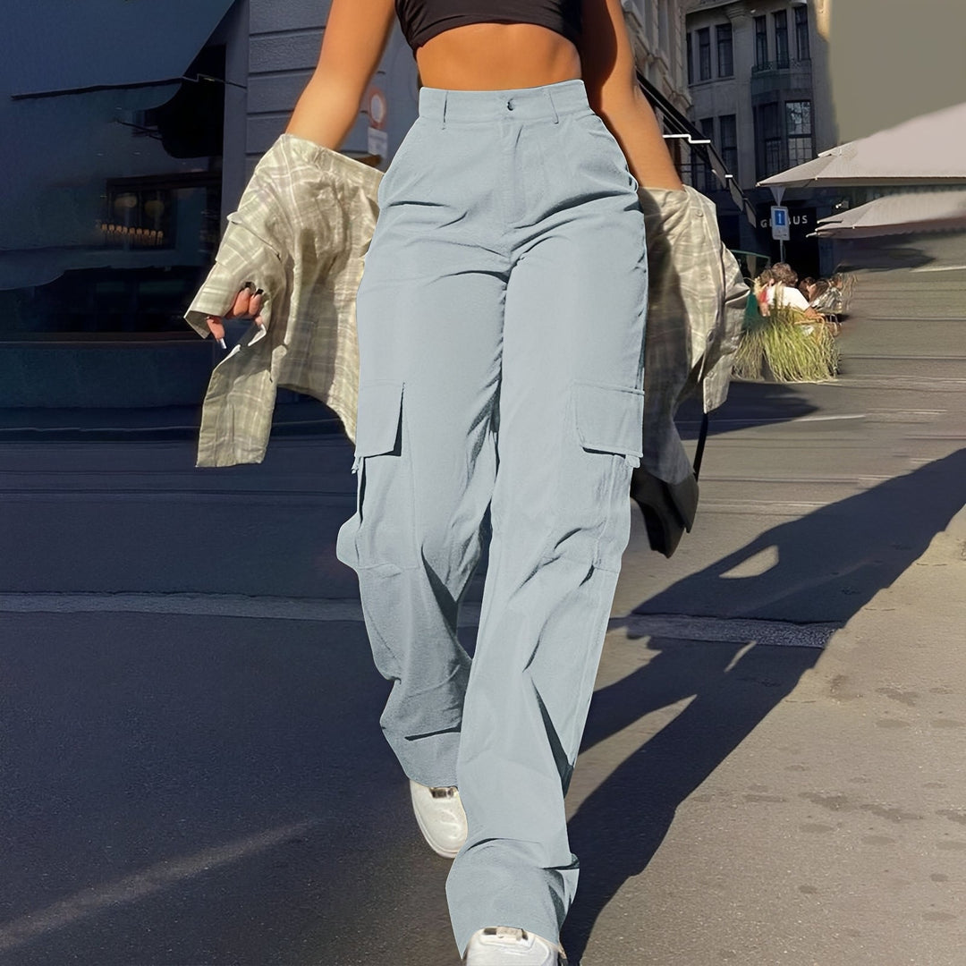 Calça cargo feminina confortável, cintura alta, versátil para o estilo casual e moderno.