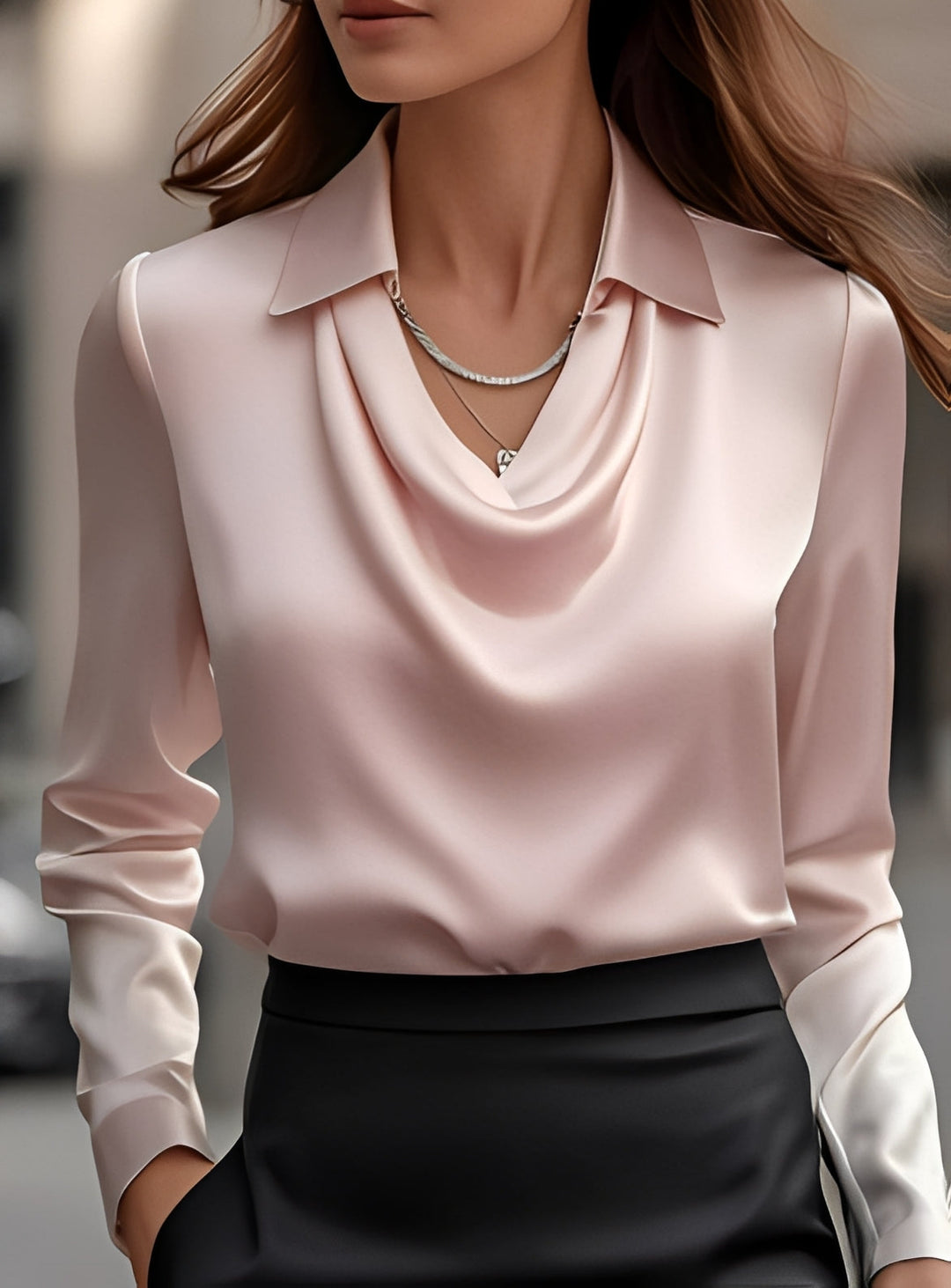 Blusa feminina formal elegante com pregas e manga longa. Perfeita para escritório e eventos sociais.