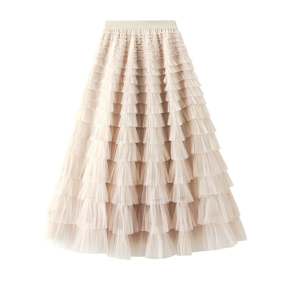 Saia feminina com babados e corte em linha A, perfeita para um estilo suave e elegante de verão. Moda casual.