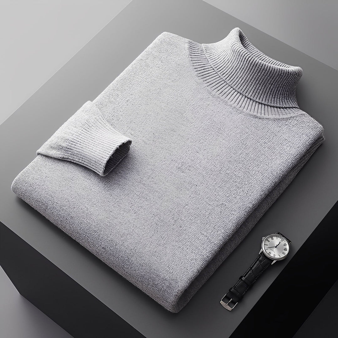 Homem usando suéter masculino de gola alta, look elegante e confortável para o inverno.