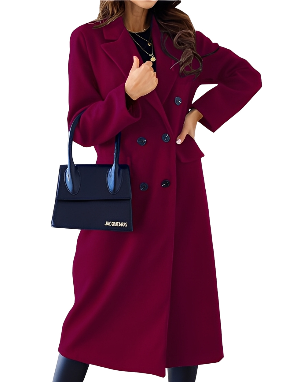 Detalhe do casaco feminino elegante, abotoamento duplo e botões, roupa de inverno para mulher.
