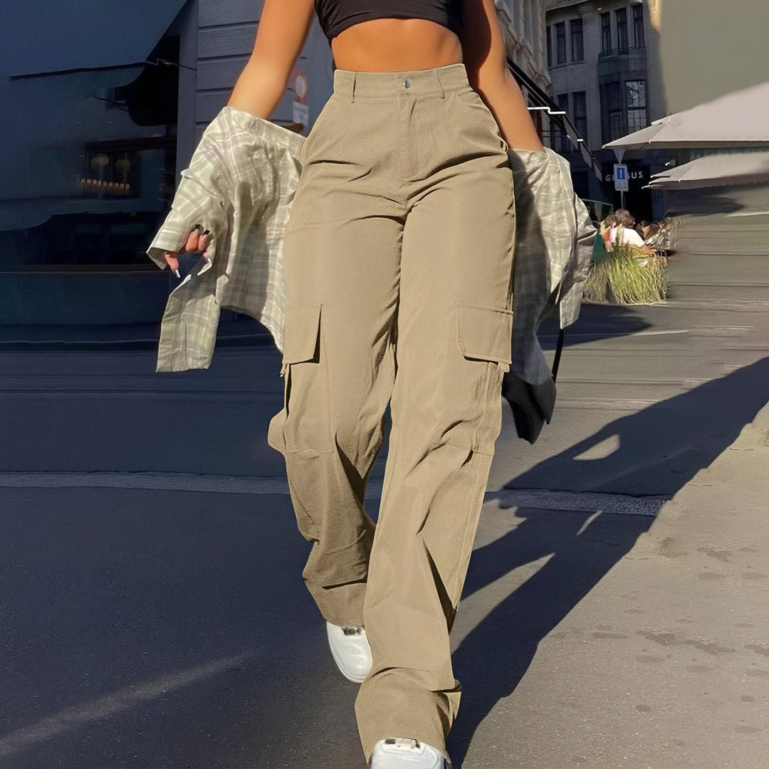 Calça cargo feminina casual de verão, cintura alta, tendência da moda feminina, muito confortável.