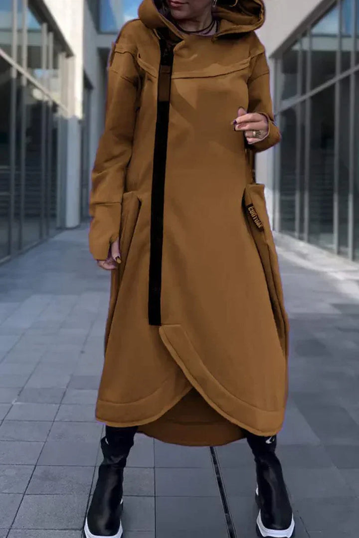 Estiloso moletom feminino longo, com capuz e zíper, jaqueta perfeita para o outono-inverno e uso diário.