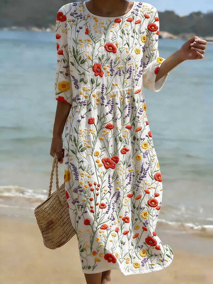 Vestido feminino elegante, vintage com bordado floral, ideal para o verão.