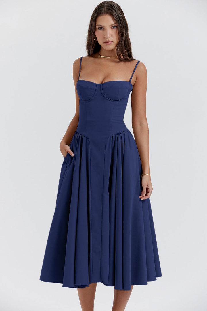 Vestido feminino midi estilo vintage para verão, com corte elegante. Perfeito para festas ou uso casual charmoso.