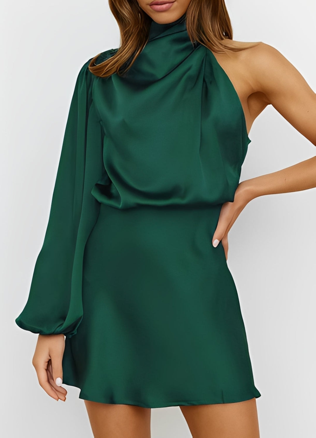 Vestido feminino elegante um ombro manga longa para noite, um look formal e sofisticado.