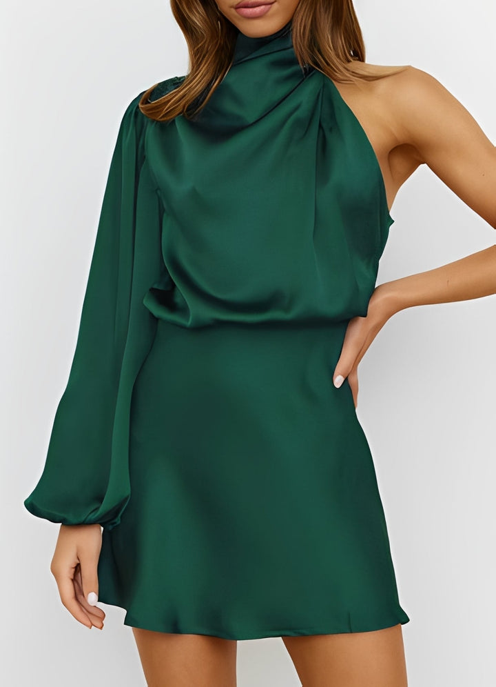 Vestido feminino elegante um ombro manga longa para noite, um look formal e sofisticado.