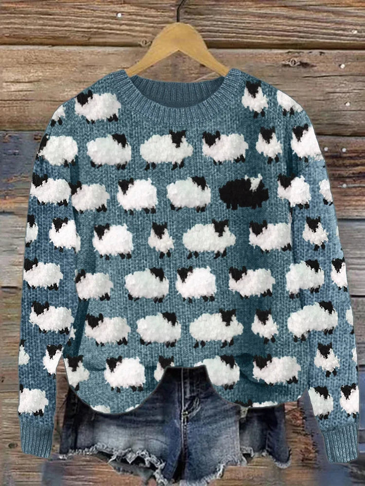 Suéter feminino de malha macia, perfeito para o conforto do dia a dia, em tons vintage de verde, azul ou cinzento.