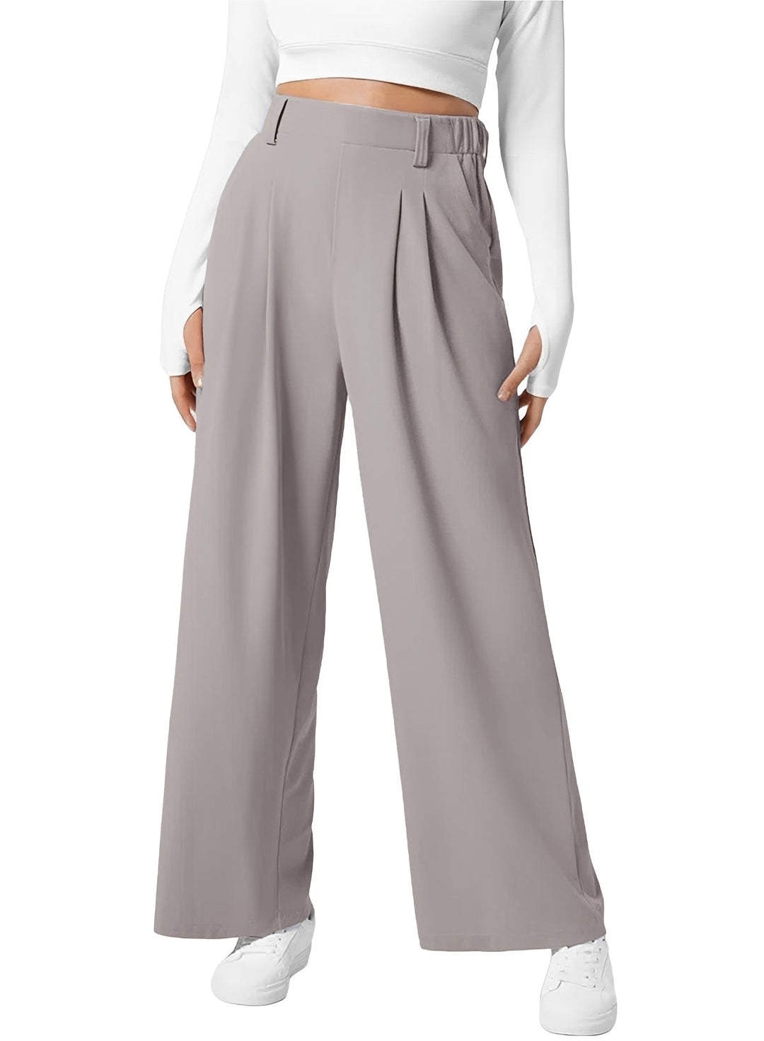 Calças femininas modernas de perna larga e cintura alta. Design elástico para conforto. Essencial para a moda de primavera e verão.