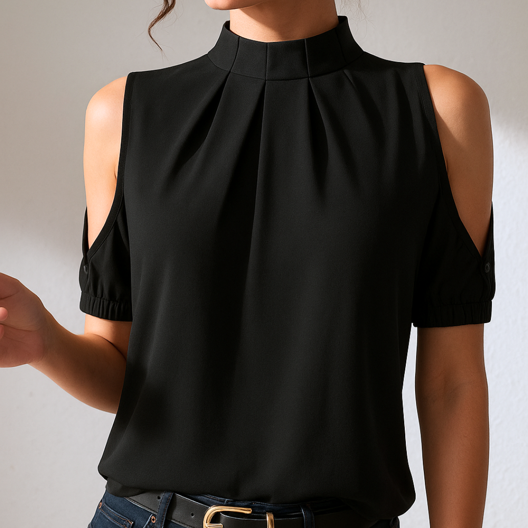Blusa feminina preta plissada elegante com mangas divididas, estilo chic e versátil para diversas ocasiões.