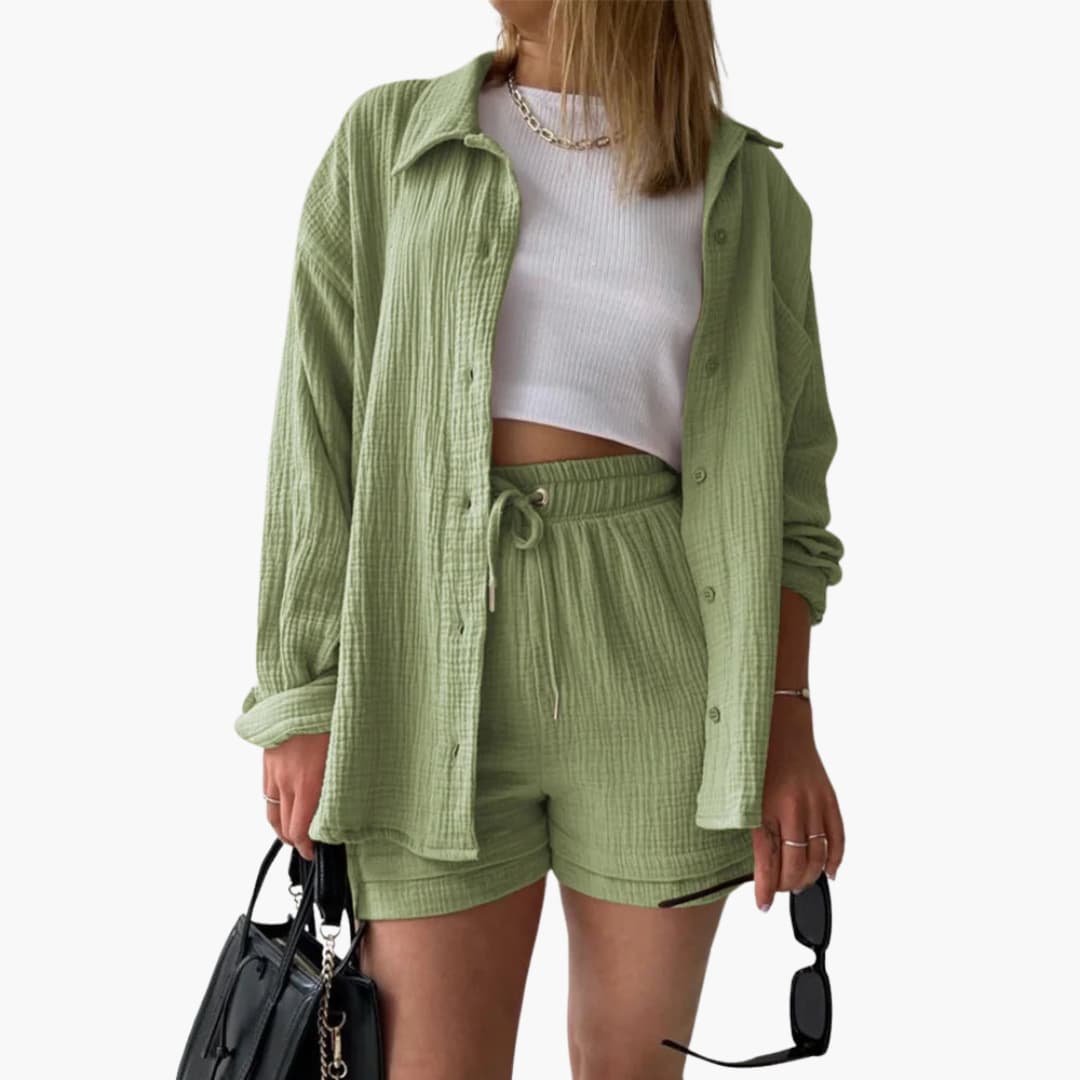 Moda casual chique feminina: conjunto Aurélie de duas peças que exala estilo no verão.