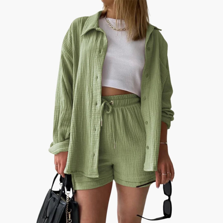 Moda casual chique feminina: conjunto Aurélie de duas peças que exala estilo no verão.