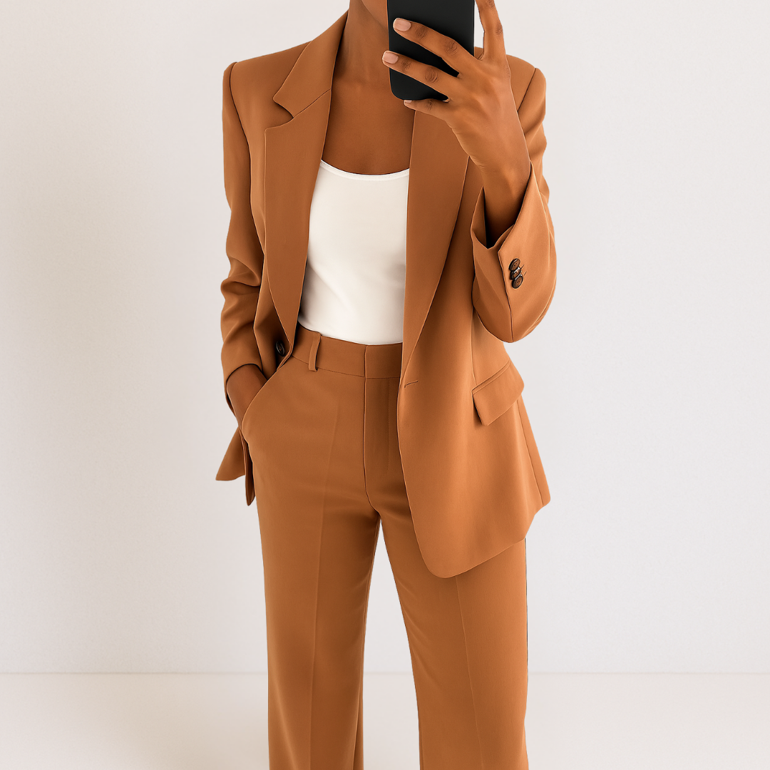 Terno feminino elegante de duas peças, um conjunto clássico e versátil para todas as mulheres.